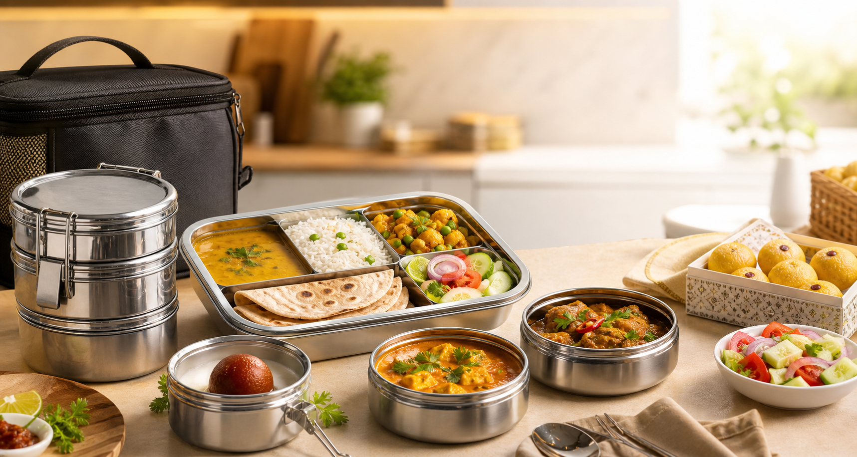 Fresh Indian tiffin meals packed in lunch boxes